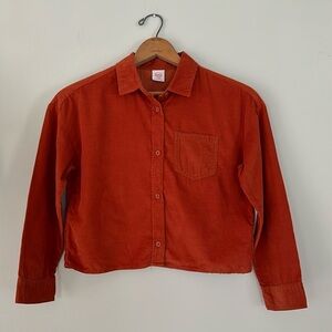 Kids Orange Corduroy Long Sleeve Cropped Button Down Shirt